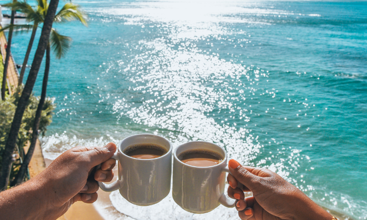 Two hands holding cups with the beach as the view